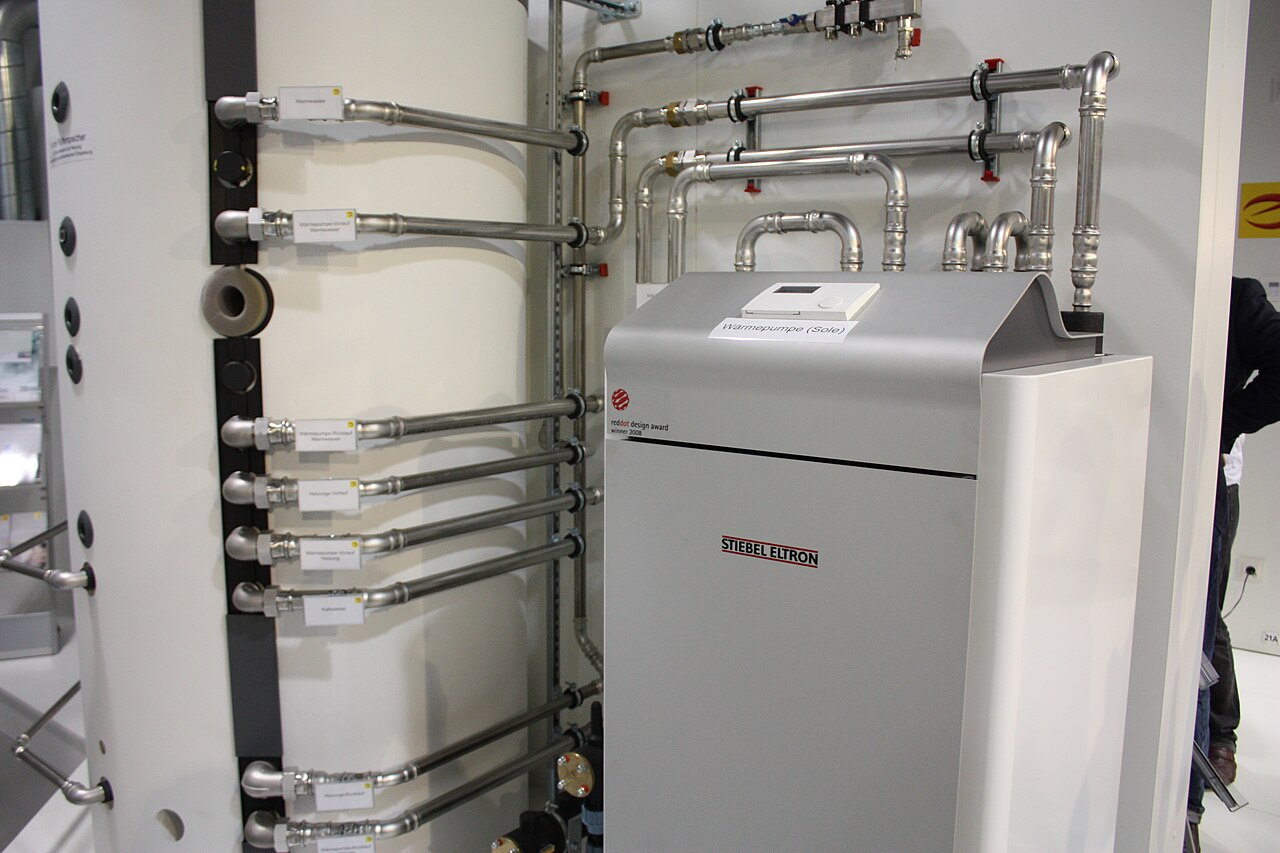 Heizraum mit Sole-Wärmepumpe und beschrifteter Hydraulik — Belegfoto